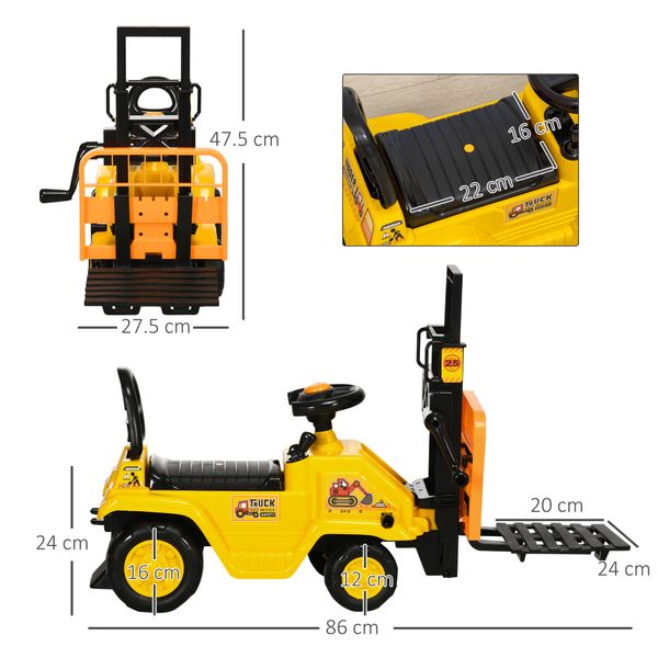 Trattore a pedali per bambini 3-4 anni con muletto e spazio portaoggetti, 86x27.5x47.5 cm, giallo e nero - 