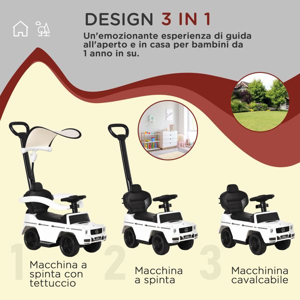 Macchina a spinta per bambini 12-36 mesi con licenza mercedes, tettuccio e maniglia di spinta, 85.5x40.5x95 cm, bianco - 