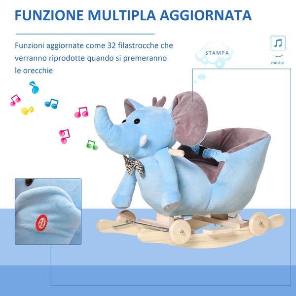 Animale a dondolo a forma di elefante con rotelle e cintura, in peluche, legno e acciaio, 60x35x45 cm, blu - 