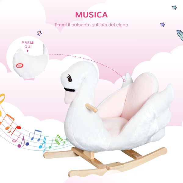 Cavallo a dondolo a forma di cigno con musica, struttura in metallo e legno, rivestimento peluche, 60x32x55cm, bianco - 