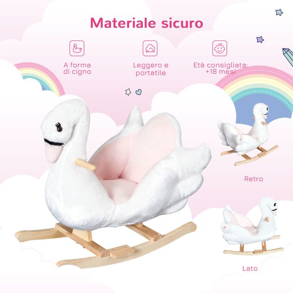 Cavallo a dondolo a forma di cigno con musica, struttura in metallo e legno, rivestimento peluche, 60x32x55cm, bianco - 