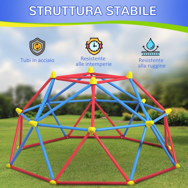Cupola per arrampicata bambini 3-8 anni, struttura in metallo per 4 bimbi, ø183x90cm, multicolore - 