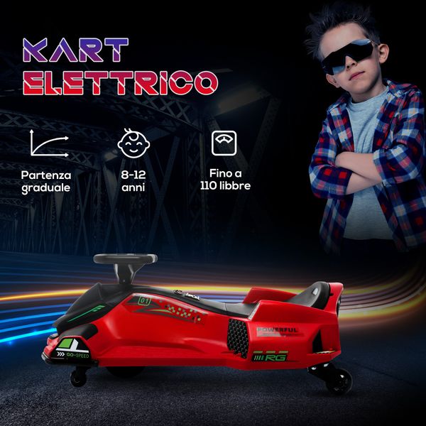 Go kart elettrico per bambini 8-12 anni velocità 3-8 km/h per drifting con luci e musica, rosso - 