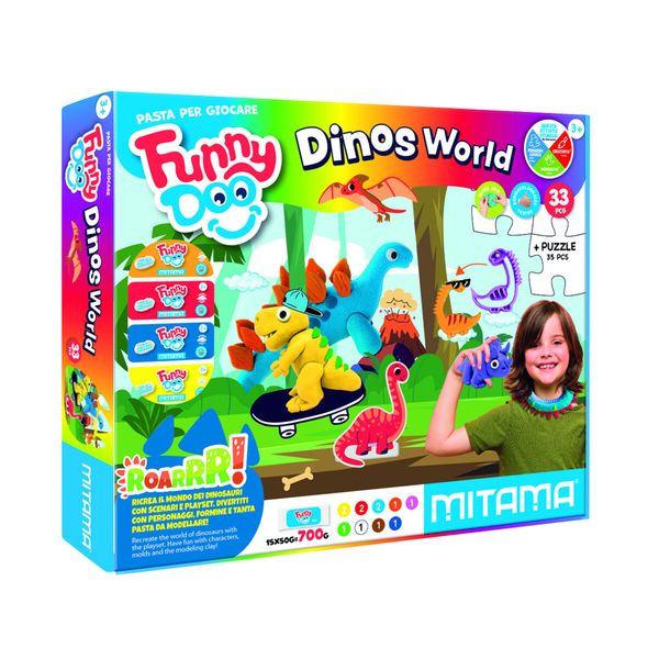 Pasta modellare. mitama "dinos world" super dought in scatola 33 pezzi funny doo - MITAMA