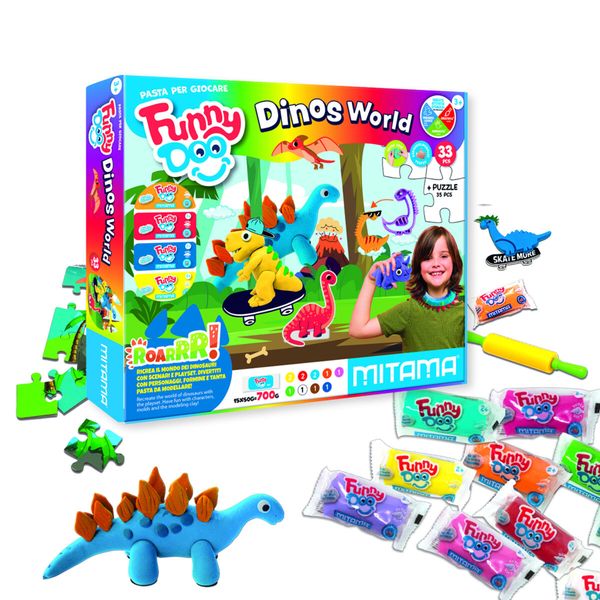 Pasta modellare. mitama "dinos world" super dought in scatola 33 pezzi funny doo - MITAMA