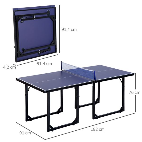 Tavolo da ping pong pieghevole e salvaspazio con rete da gioco per interno, in acciaio e mdf, 182x91x76cm, blu - 
