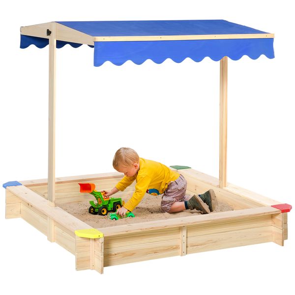 Sabbiera per bambini in legno con panca e tettuccio parasole regolabile, 120x120x120cm, colore legno e blu - 