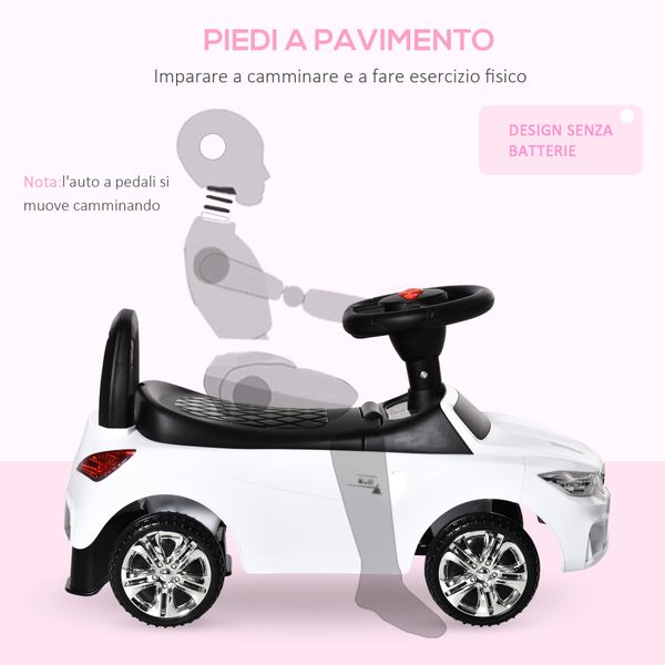 Macchinina per bambini cavalcabile con volante, fari e musiche, età 18-36 mesi, bianco - 