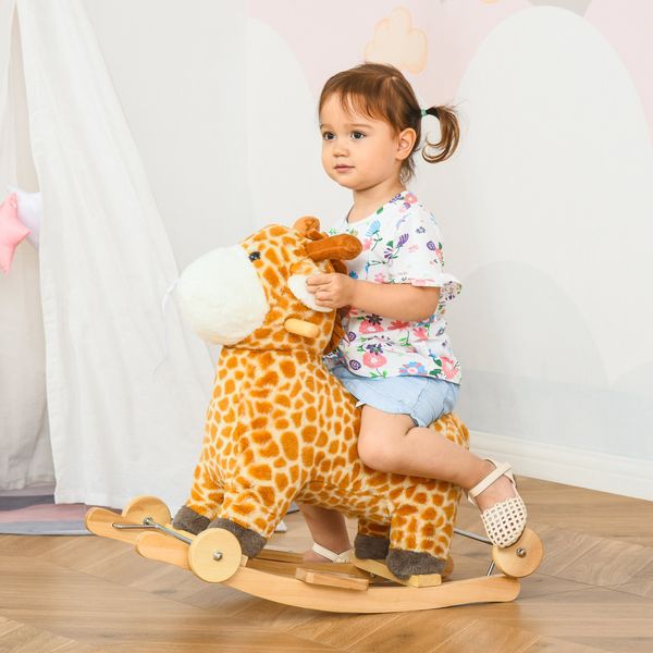 Cavallo a dondolo per bambini 3-6 anni a giraffa con ruote e suoni, 63x38x63cm, giallo - 