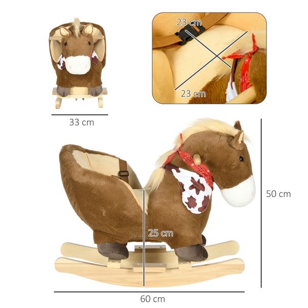 Cavallo a dondolo per bambini da 18-36 mesi con suoni realistici, 60x33x50 cm, marrone e color legno - 