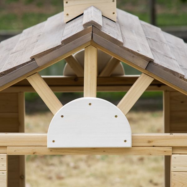 Casetta bimbi 3-7 anni a 2 finestre con portavasi e panchina, in legno di abete e pp, 113lx94x134.5 cm - 
