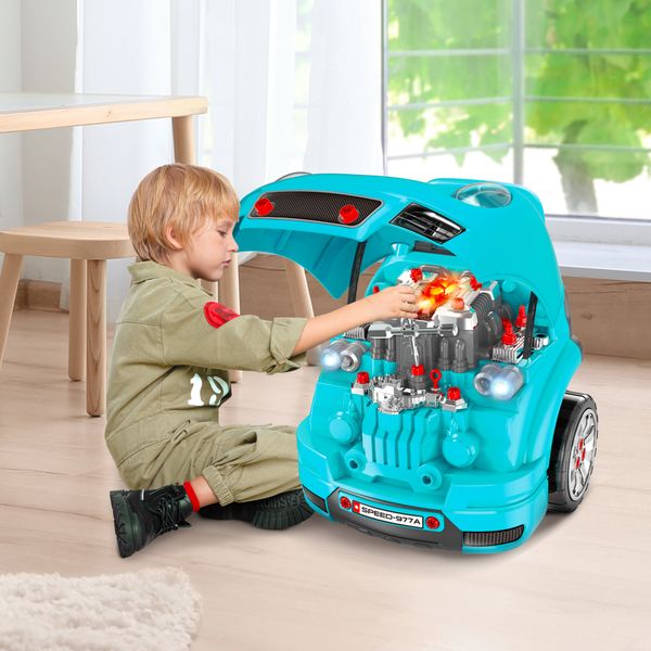 Officina camion giocattolo per bambini 3-5 anni a 61 pezzi con maniglia, in abs e pp, 40x39x47 cm, nero e azzurro - 