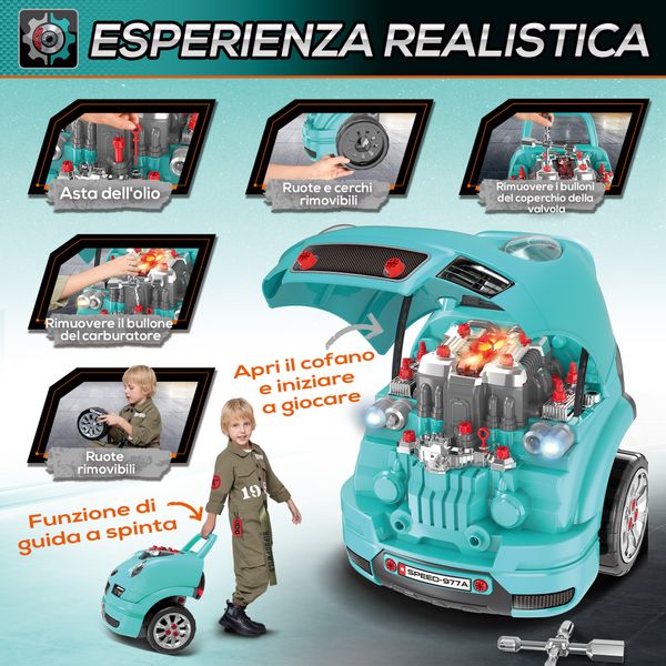 Officina camion giocattolo per bambini 3-5 anni a 61 pezzi con maniglia, in abs e pp, 40x39x47 cm, nero e azzurro - 