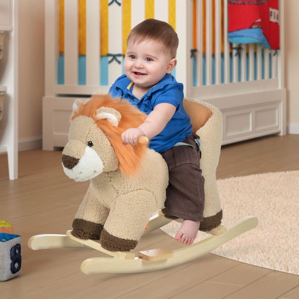 Dondolo giocattolo a forma di leone per bambini 18-36 mesi, ruggisce (3 batterie incluse), in legno e peluche - 