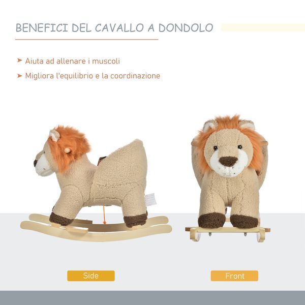 Dondolo giocattolo a forma di leone per bambini 18-36 mesi, ruggisce (3 batterie incluse), in legno e peluche - 