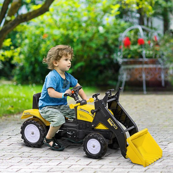 Escavatore a pedali per bambini da 3 anni con ruspa frontale e volante, giallo - 