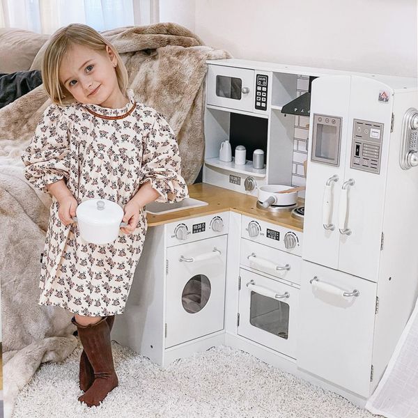 Cucina giocattolo in legno per bambini 3-6 anni con 14 accessori, forno e lavandino, 82x65x87 cm, bianco - 
