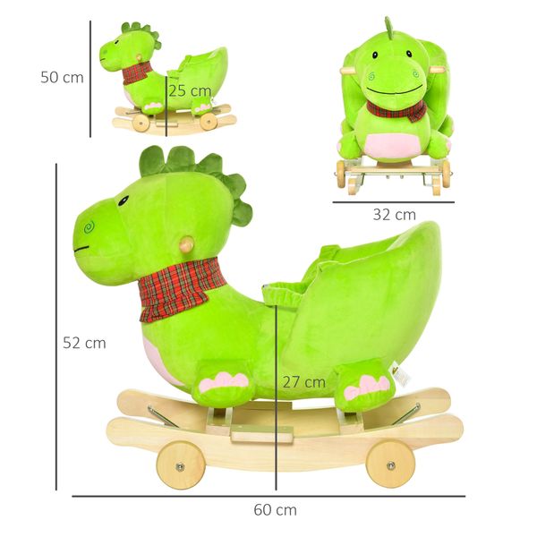 Cavallo a dondolo con ruote, cavalluccio a dondolo a forma di drago per bambini 18-36 mesi, in legno e peluche verde - 