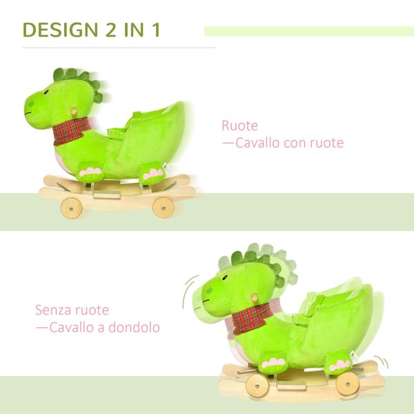 Cavallo a dondolo con ruote, cavalluccio a dondolo a forma di drago per bambini 18-36 mesi, in legno e peluche verde - 