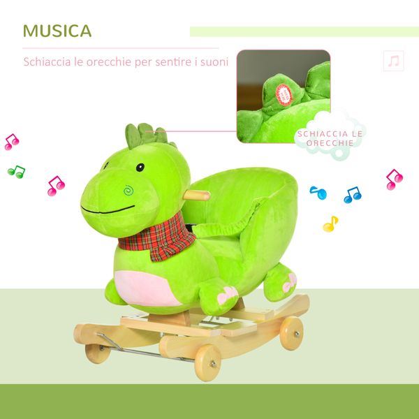 Cavallo a dondolo con ruote, cavalluccio a dondolo a forma di drago per bambini 18-36 mesi, in legno e peluche verde - 