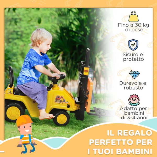 Trattore a pedali per bambini 3-4 anni con muletto e spazio portaoggetti, 86x27.5x47.5 cm, giallo e nero - 