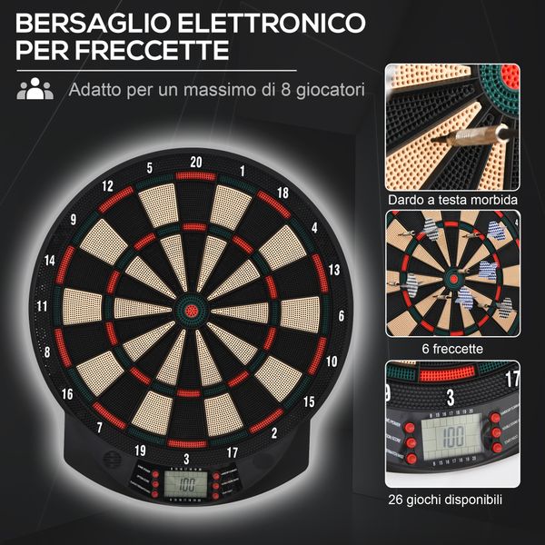 Bersaglio a freccette elettronico in pp con 6 freccette e tabellone segna punti, 44x39.5x 2.2cm, nero - 