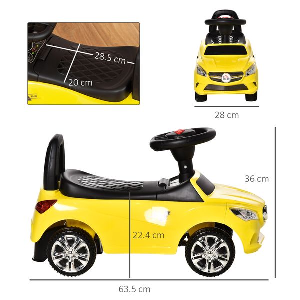 Macchinina per bambini cavalcabile con volante, macchina bambini con fari e musiche integrate, età 18-36 mesi, 63.5x28x36cm, giallo - 