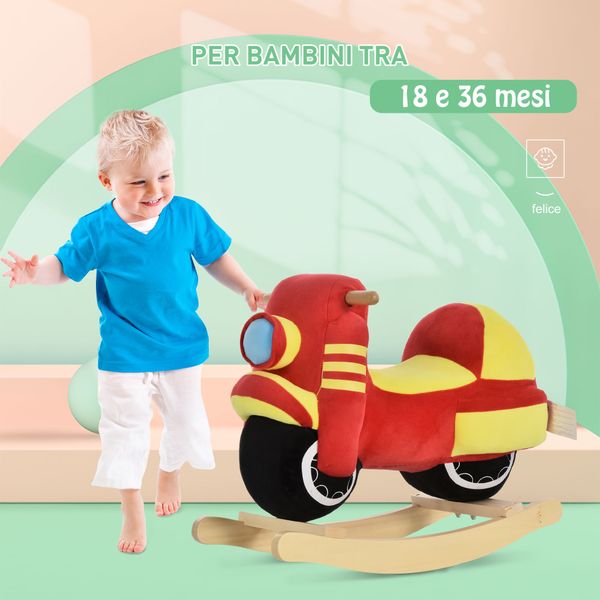 Cavallo a dondolo per bambini 18-36 mesi a forma di moto, per bambini cavalcabile in legno e peluche, suoni realistici, max. 40kg, rosso e giallo - 