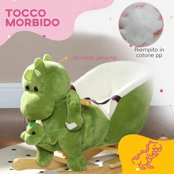 Cavallo a dondolo per bambini 18-36 mesi a dinosauro con suoni e rivestimento morbido, verde - 