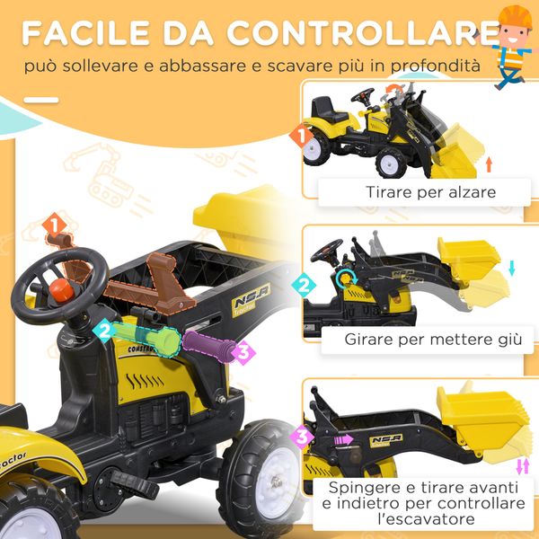 Escavatore a pedali per bambini da 3 anni con ruspa frontale e volante, giallo - 