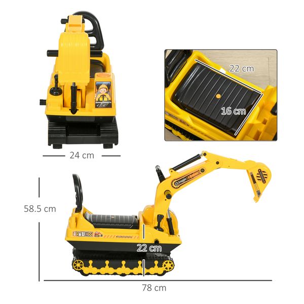 Escavatore ruspa giocattolo cavalcabile per bambini max. 30 kg con schienale, braccio mobile e vano contenitore, 78x24x58.5cm - 