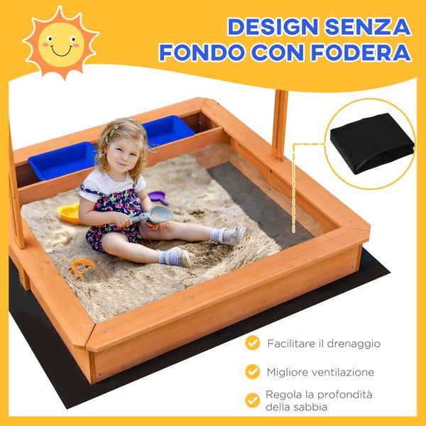 Sabbiera per bambini in legno con tettuccio regolabile, sedute e vaschette, 107.5x107.5x100 cm - 