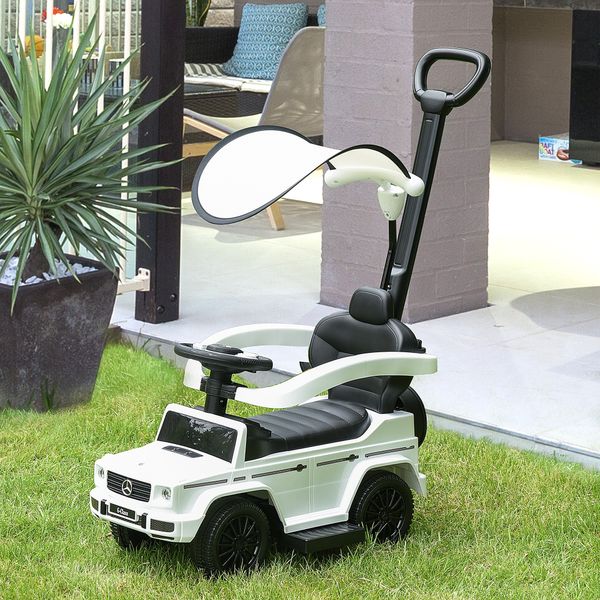Macchina a spinta per bambini 12-36 mesi con licenza mercedes, tettuccio e maniglia di spinta, 85.5x40.5x95 cm, bianco - 
