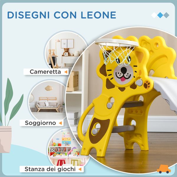 Scivolo per bambini 18-36 mesi con canestro da basket laterale in pe, 131x50x74 cm, giallo e grigio - 