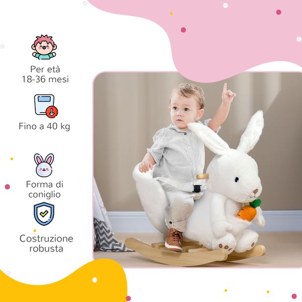 Animale a dondolo a forma di coniglio con suoni e cintura di sicurezza, 60x33x50 cm, bianco - 
