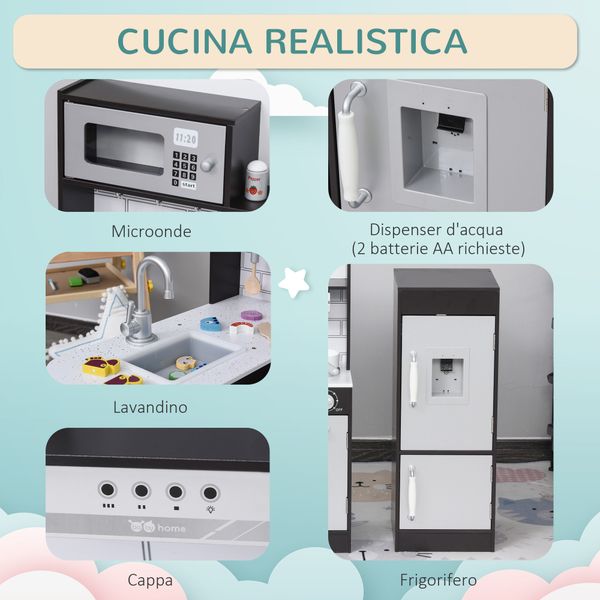 Cucina giocattolo per bambini in legno con 14 accessori, forno, lavandino, frigo e microonde, età 3+ anni, 86x64x84.5cm, argento e marrone - 