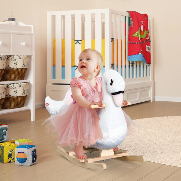 Cavallo a dondolo a forma di cigno con musica, struttura in metallo e legno, rivestimento peluche, 60x32x55cm, bianco - 