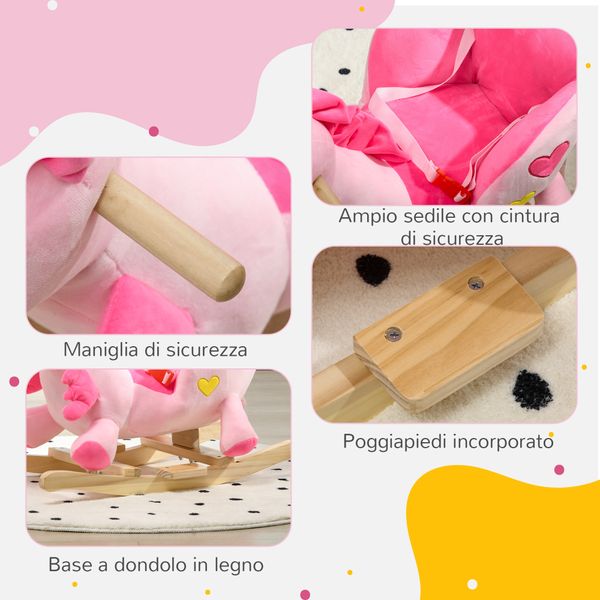 Cavallo a dondolo unicorno con 32 canzoni, base in legno e cintura di sicurezza, età 18-36 mesi, rosa - 