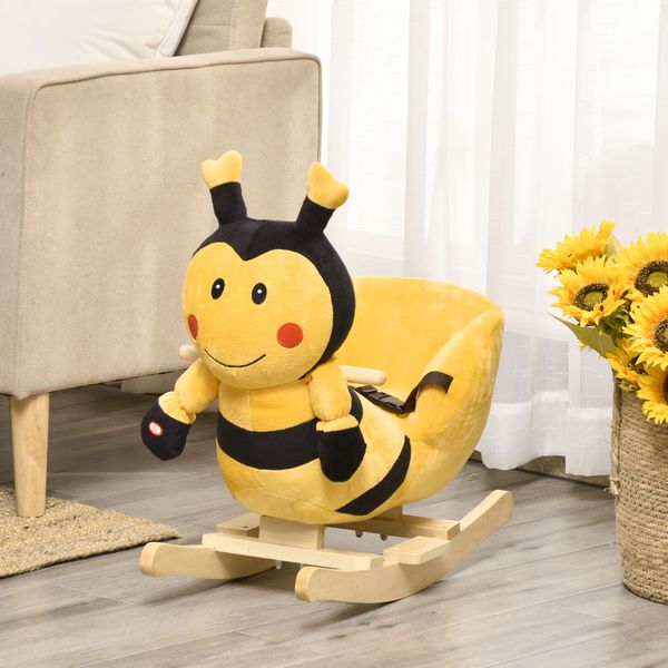 Animale a dondolo per bambini a forma di ape in legno di pioppo con musica, 60x33x45 cm, giallo e nero - 