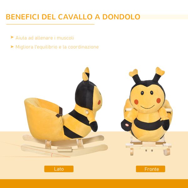 Animale a dondolo per bambini a forma di ape in legno di pioppo con musica, 60x33x45 cm, giallo e nero - 