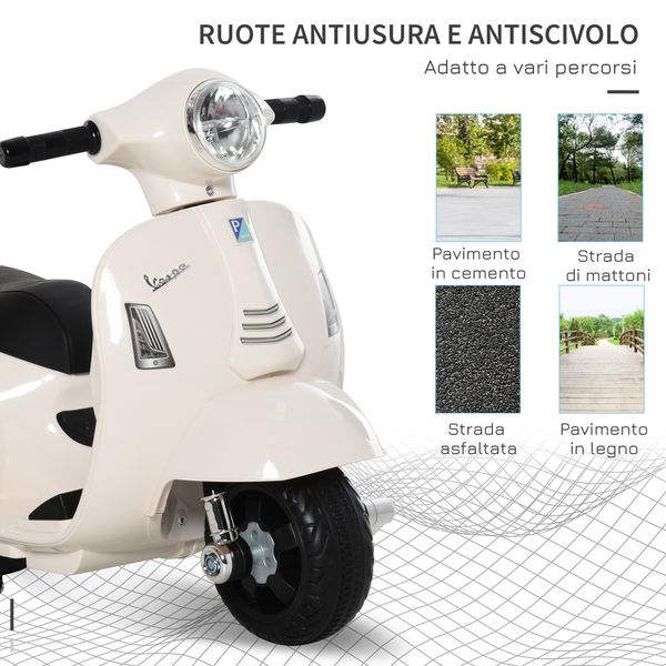 Moto elettrica per bambini con licenza ufficiale vespa batteria 6v, fari e clacson, per bimbi da 18-36 mesi, bianco, 66.5x38x52cm - 