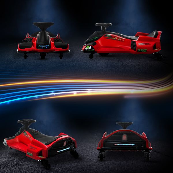 Go kart elettrico per bambini 8-12 anni velocità 3-8 km/h per drifting con luci e musica, rosso - 