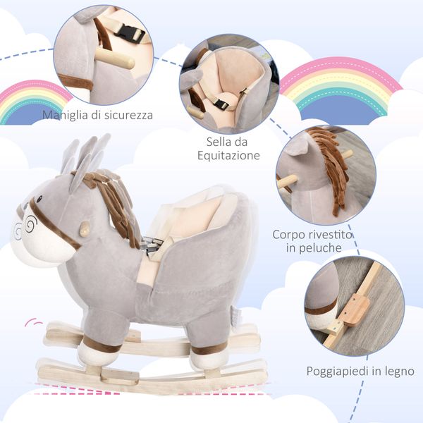 Cavallo a dondolo per bambini 18-36 mesi, cavalluccio a dondolo a forma di asino con suoni realistici in legno di pioppo e peluche, grigio - 