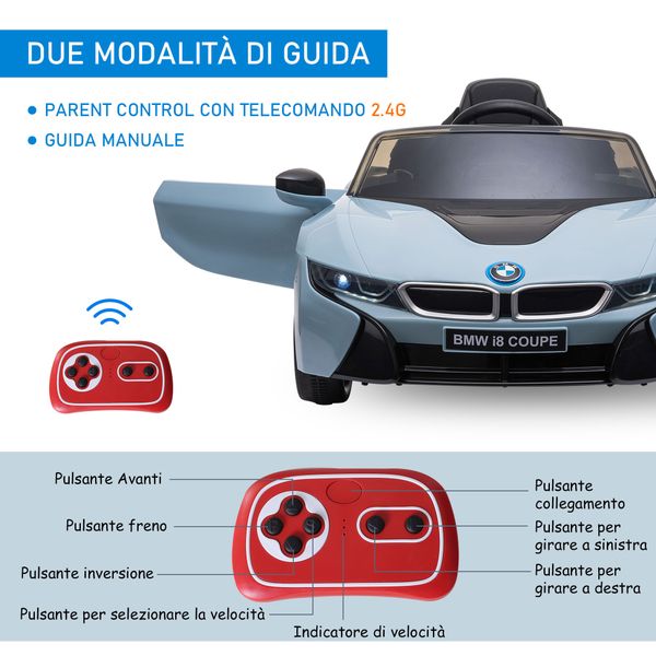 Macchina elettrica per bambini 3-8 anni licenza bmw i8 coupé con telecomando e 2 porte, 115x72.5x46 cm, blu - 