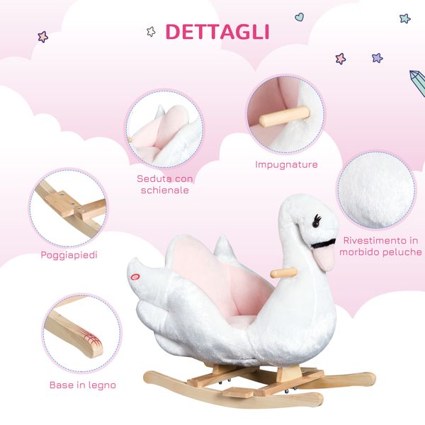 Cavallo a dondolo a forma di cigno con musica, struttura in metallo e legno, rivestimento peluche, 60x32x55cm, bianco - 