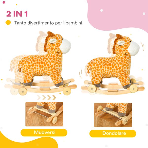 Cavallo a dondolo per bambini 3-6 anni a giraffa con ruote e suoni, 63x38x63cm, giallo - 