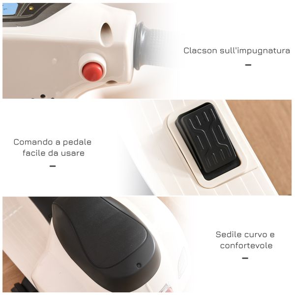 Moto elettrica per bambini con licenza ufficiale vespa batteria 6v, fari e clacson, per bimbi da 18-36 mesi, bianco, 66.5x38x52cm - 