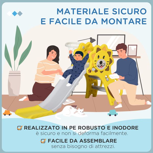 Scivolo per bambini 18-36 mesi con canestro da basket laterale in pe, 131x50x74 cm, giallo e grigio - 