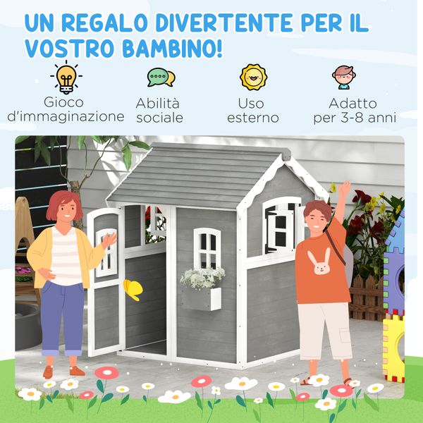 Casetta per bambini 3-8 anni con 6 finestre e fioriera, in legno di abete, 104.5x110x137 cm, grigia - 