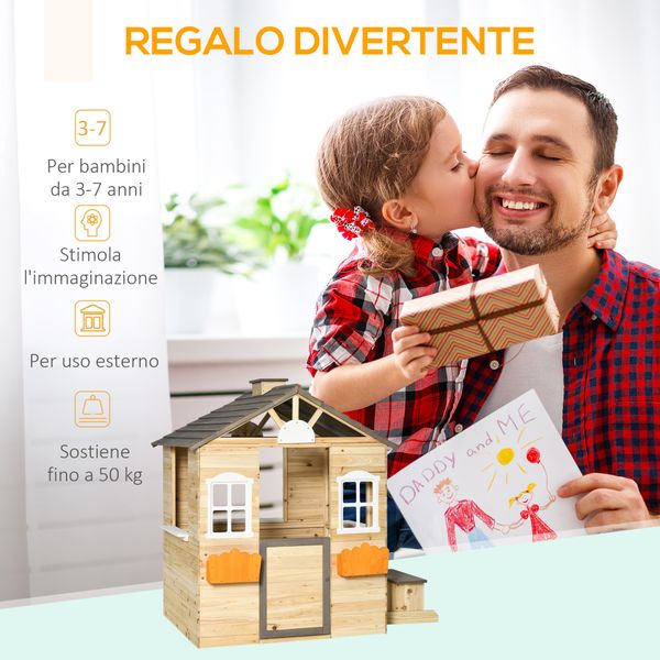Casetta bimbi 3-7 anni a 2 finestre con portavasi e panchina, in legno di abete e pp, 113lx94x134.5 cm - 